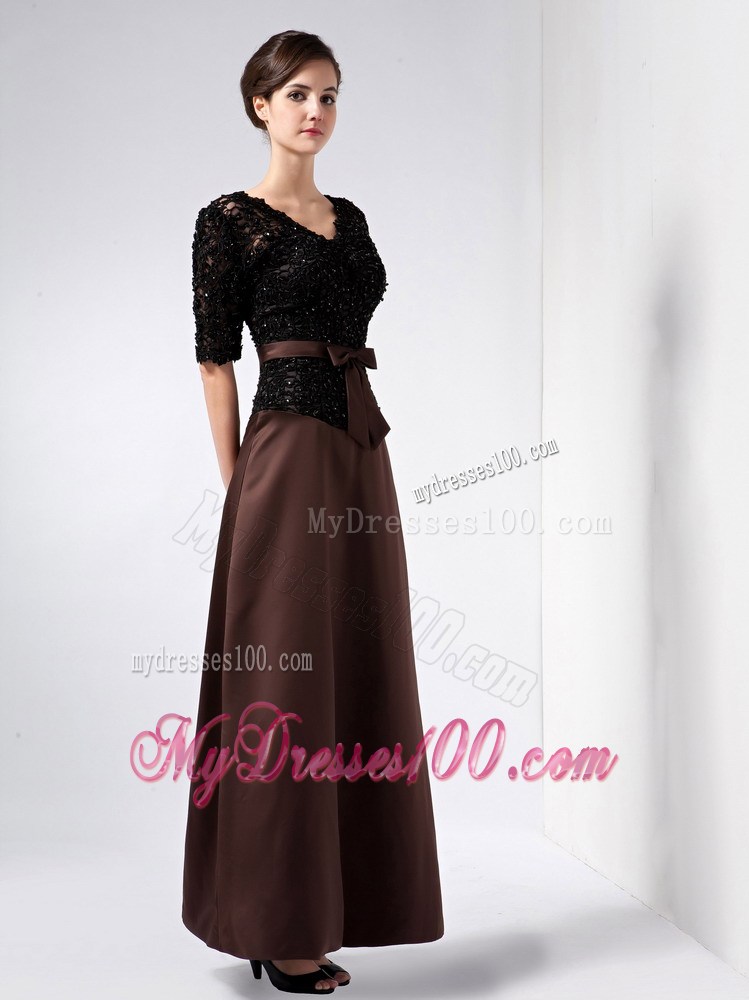 Brown V-neck Ankle-length Lace Beading Mother of the Bride Dress