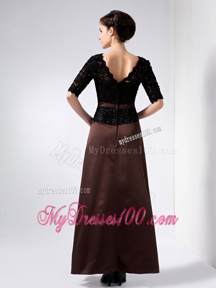 Brown V-neck Ankle-length Lace Beading Mother of the Bride Dress