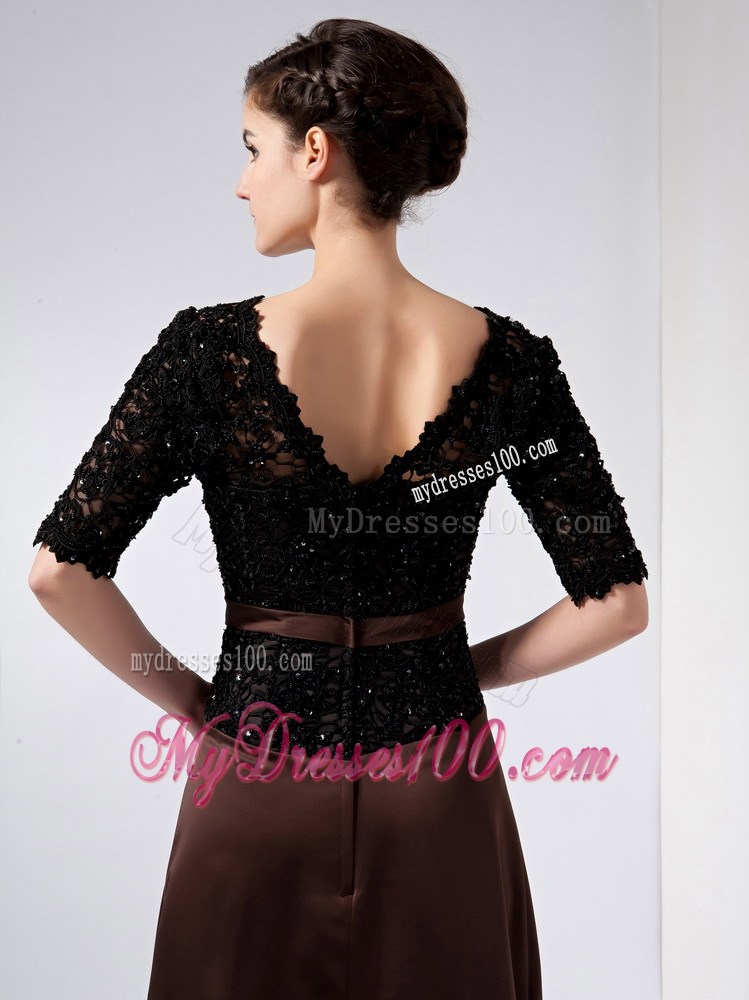 Brown V-neck Ankle-length Lace Beading Mother of the Bride Dress