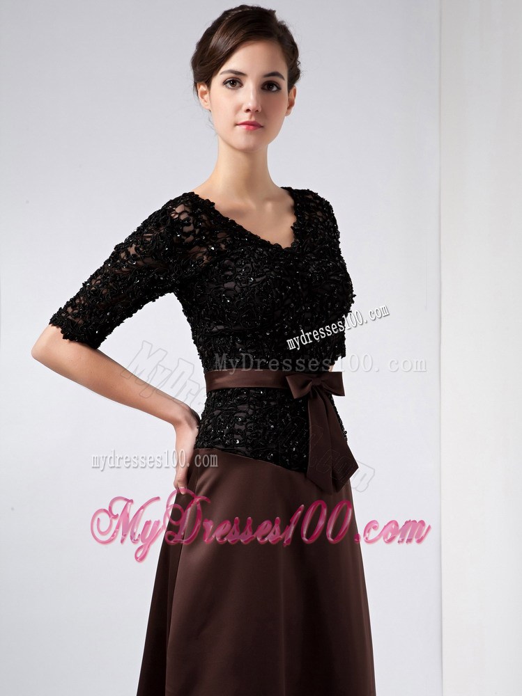 Brown V-neck Ankle-length Lace Beading Mother of the Bride Dress