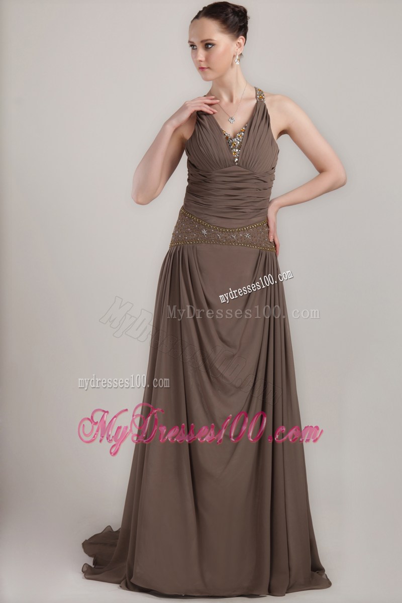 Modest Jeweled Brown Chiffon Mother Bride Dress with Cutout Back