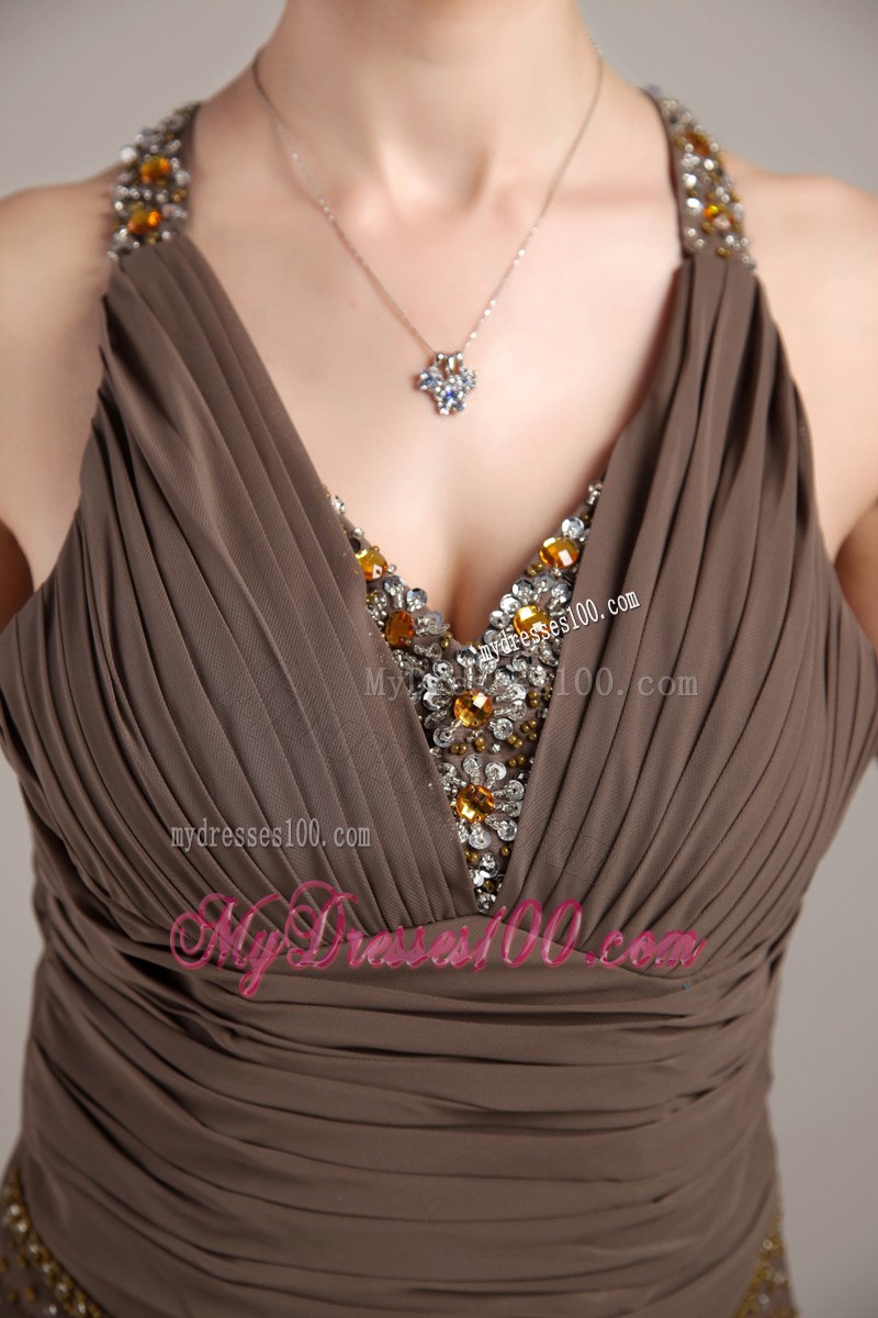 Modest Jeweled Brown Chiffon Mother Bride Dress with Cutout Back