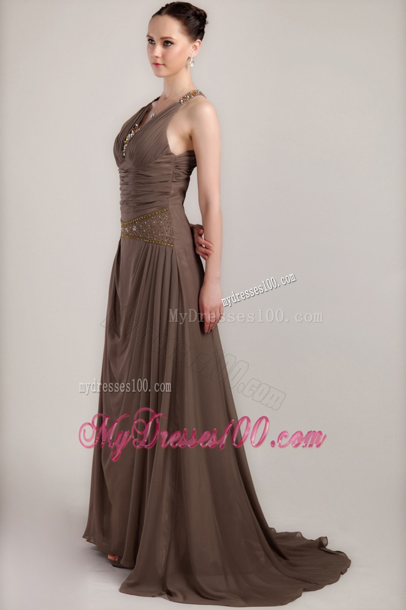Modest Jeweled Brown Chiffon Mother Bride Dress with Cutout Back
