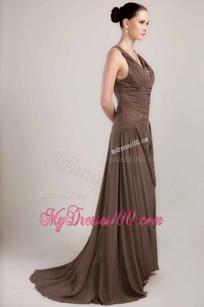 Modest Jeweled Brown Chiffon Mother Bride Dress with Cutout Back