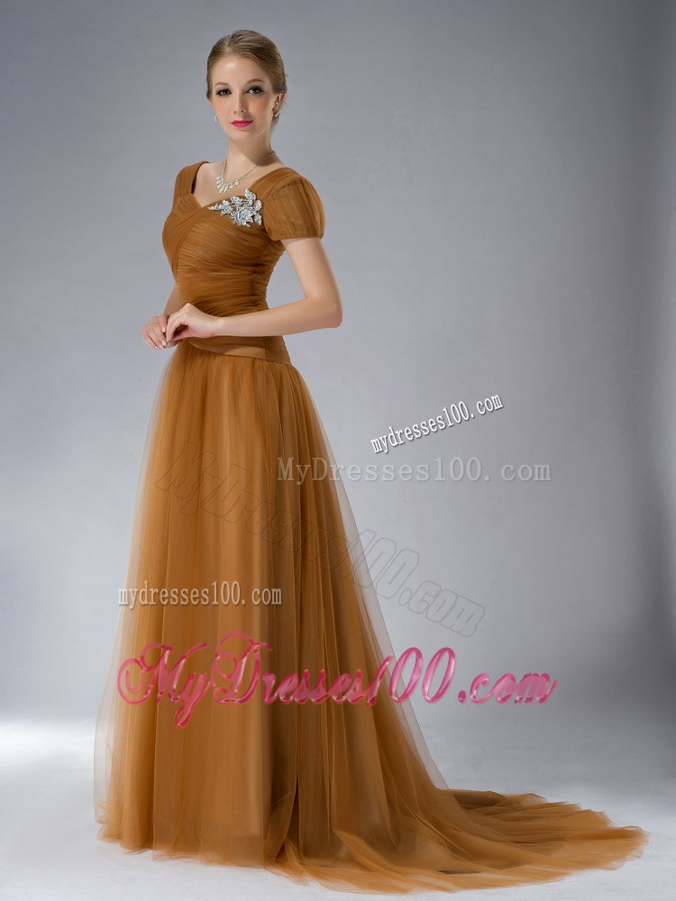 Brown Empire Square Brush Train Tulle Appliques Mother Dress