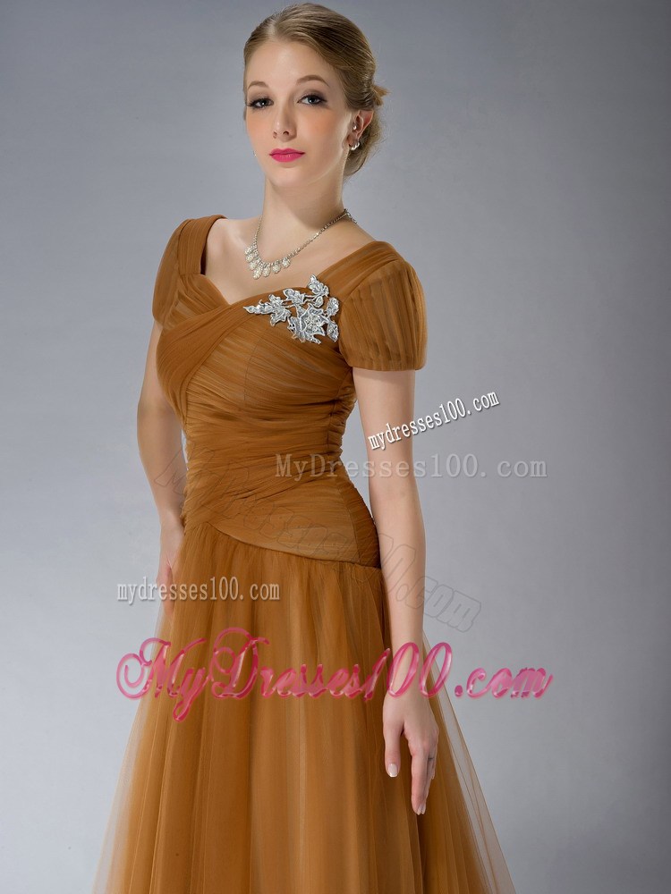 Brown Empire Square Brush Train Tulle Appliques Mother Dress