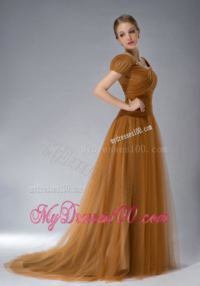 Brown Empire Square Brush Train Tulle Appliques Mother Dress