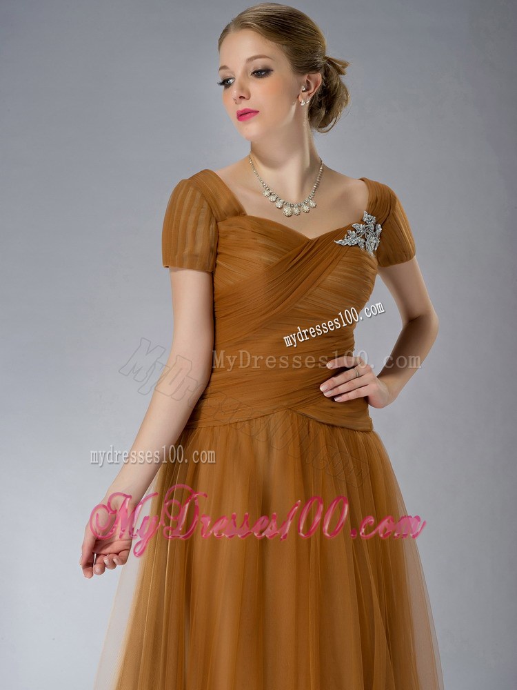 Brown Empire Square Brush Train Tulle Appliques Mother Dress