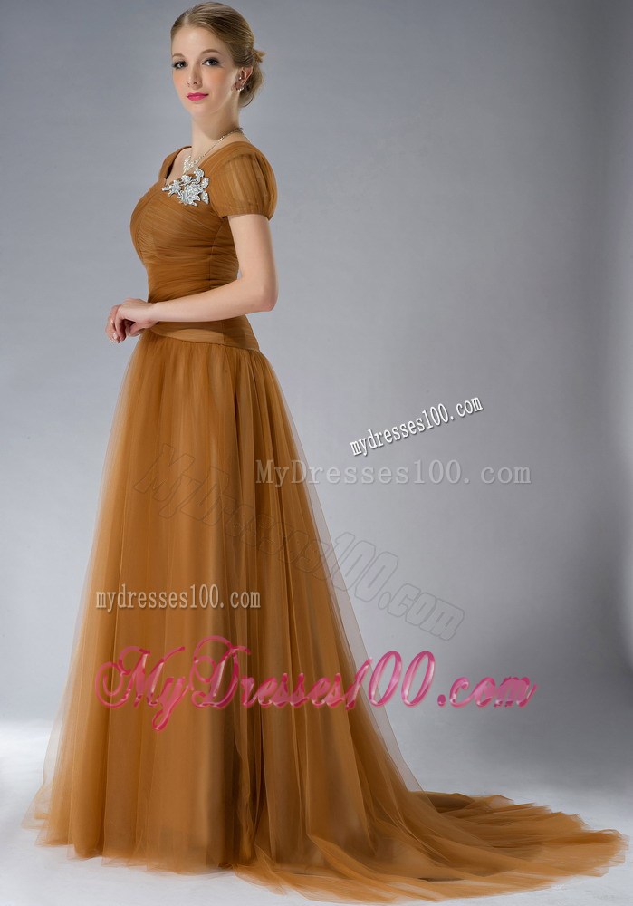 Brown Empire Square Brush Train Tulle Appliques Mother Dress