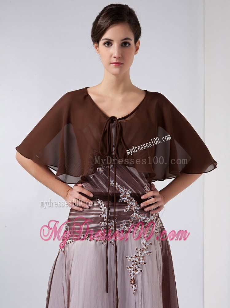Brown and White Column V-neck Ankle-length Chiffon and Tulle Beading Mother Of The Bride Dress