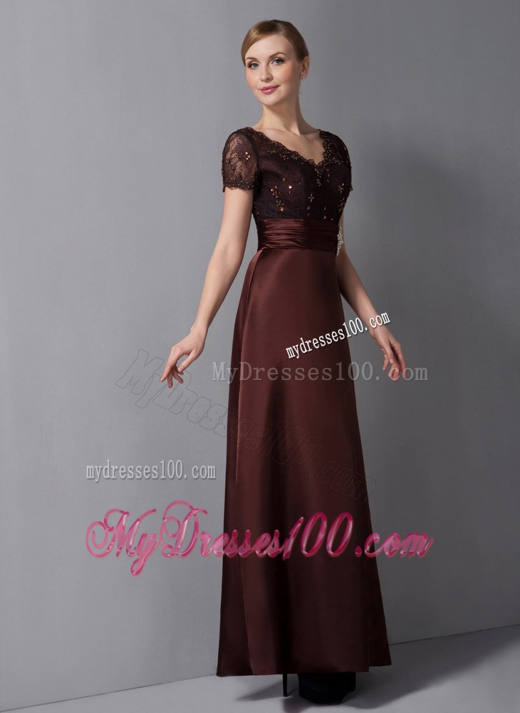 Burgundy Column V-neck Ankle-length Beading Mother of Bride Dress