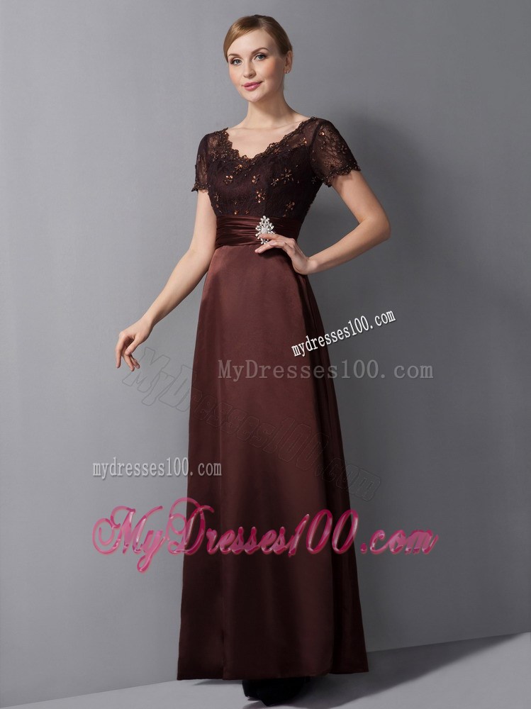 Burgundy Column V-neck Ankle-length Beading Mother of Bride Dress