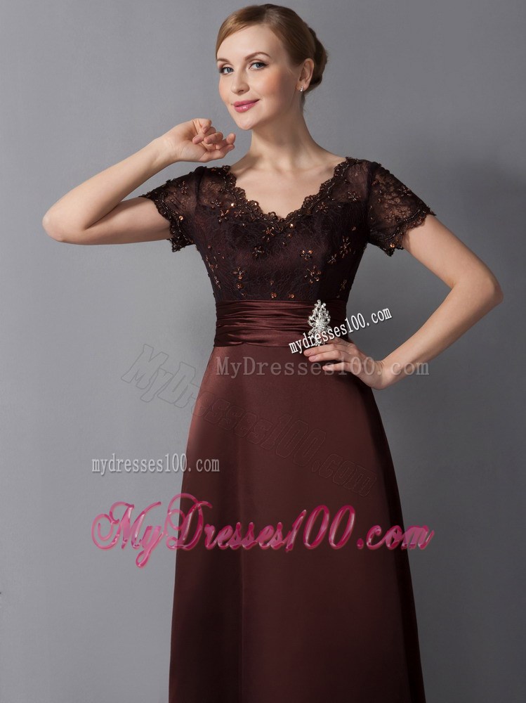 Burgundy Column V-neck Ankle-length Beading Mother of Bride Dress