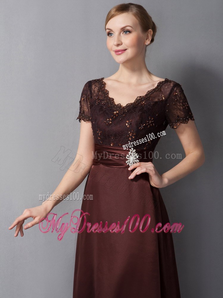 Burgundy Column V-neck Ankle-length Beading Mother of Bride Dress