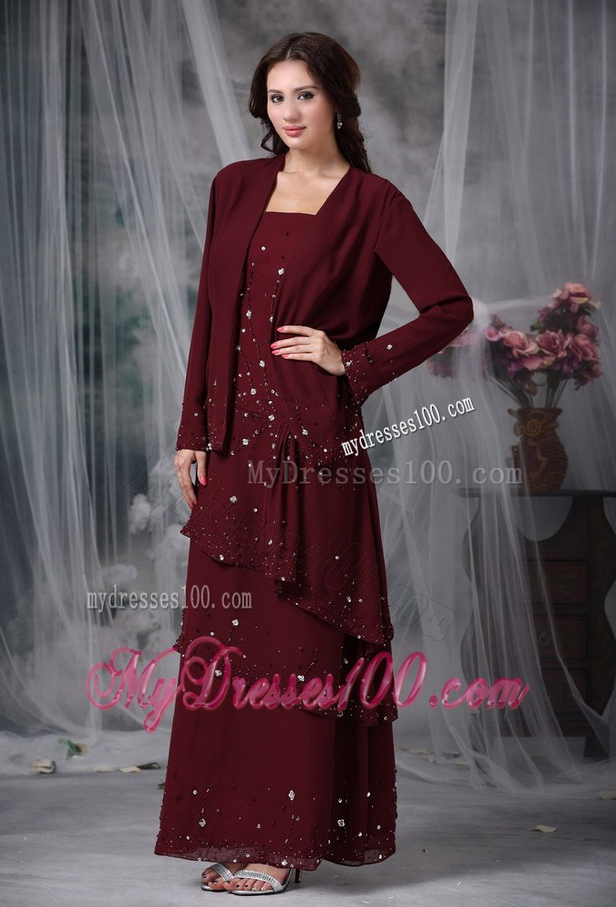 Burgundy Empire Straps Beading Mother of the Bride Dress with Layers