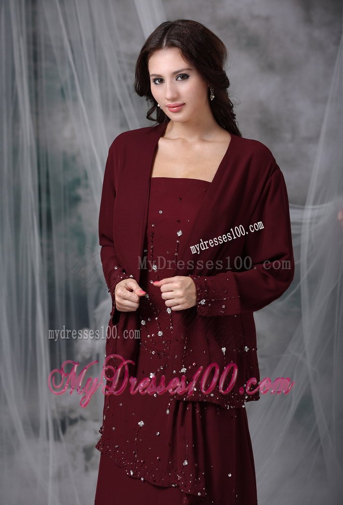 Burgundy Empire Straps Beading Mother of the Bride Dress with Layers