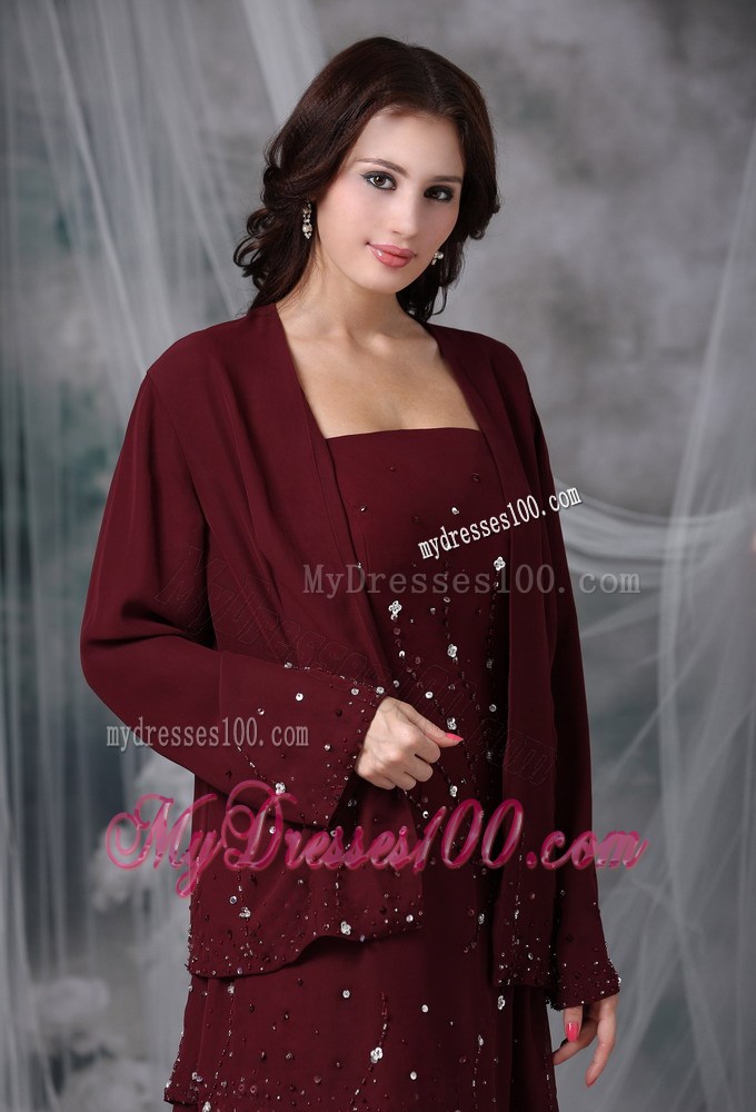 Burgundy Empire Straps Beading Mother of the Bride Dress with Layers