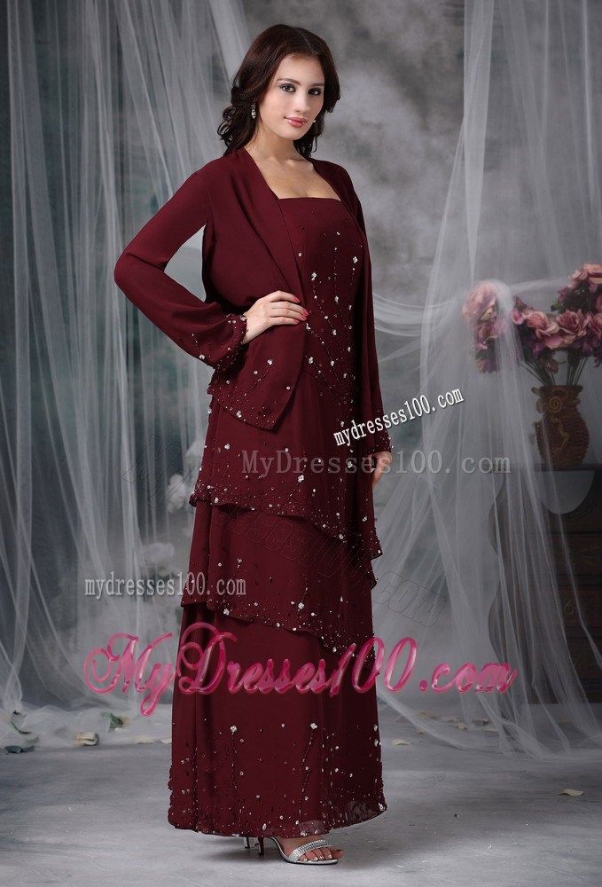 Burgundy Empire Straps Beading Mother of the Bride Dress with Layers