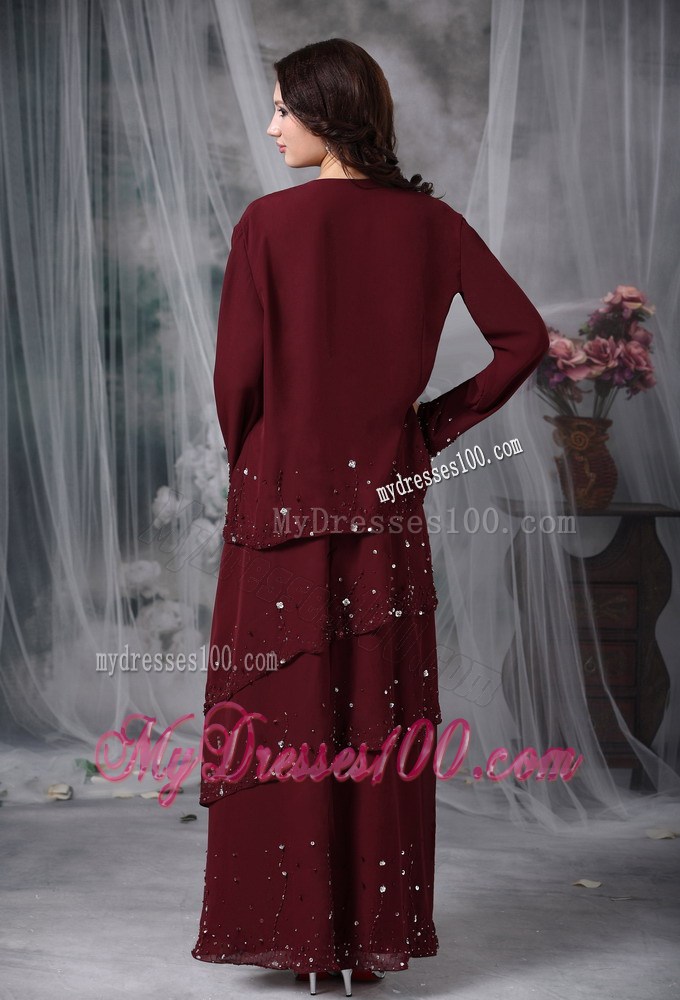 Burgundy Empire Straps Beading Mother of the Bride Dress with Layers