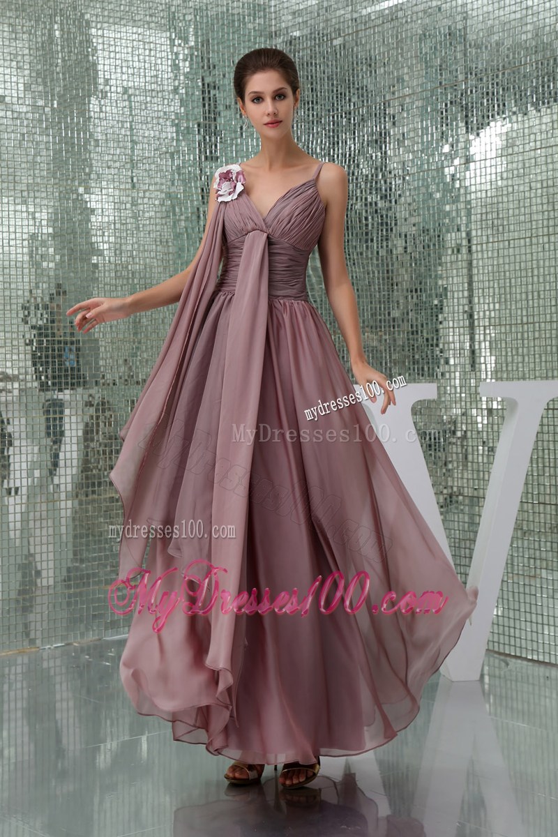 Ruched Ankle-length V-cut Mother Bride Dress with Ribbons and Flower