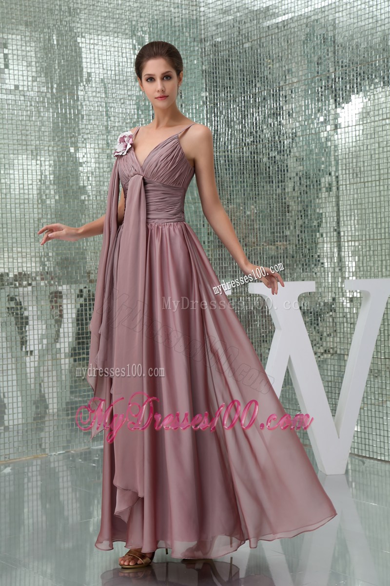 Ruched Ankle-length V-cut Mother Bride Dress with Ribbons and Flower