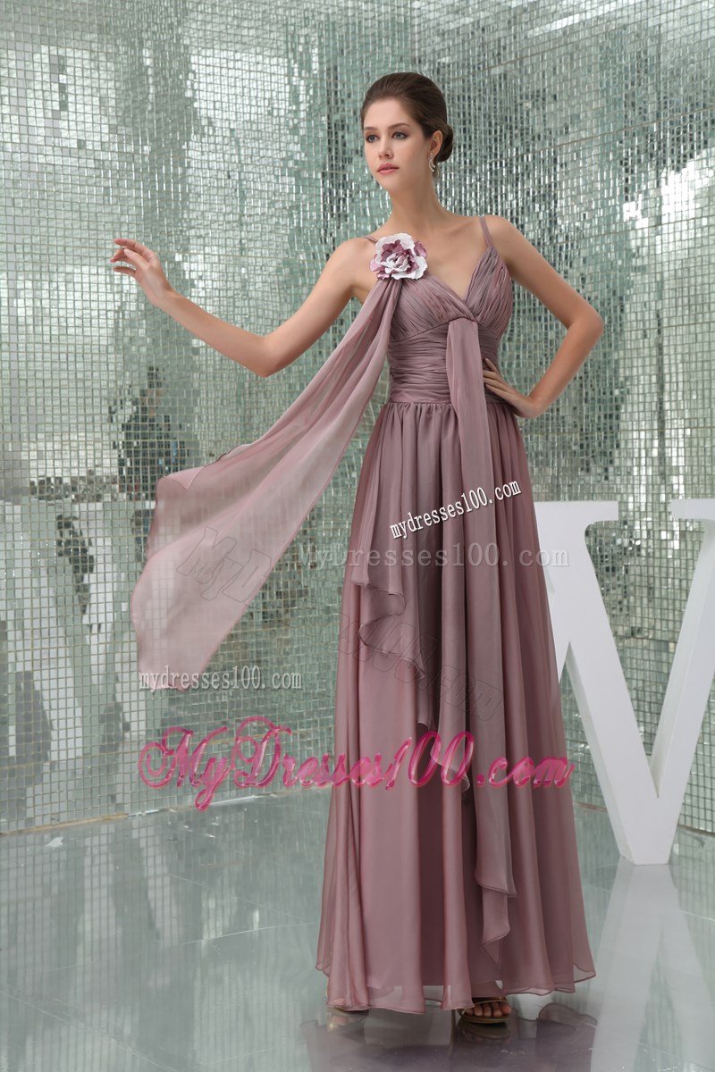 Ruched Ankle-length V-cut Mother Bride Dress with Ribbons and Flower