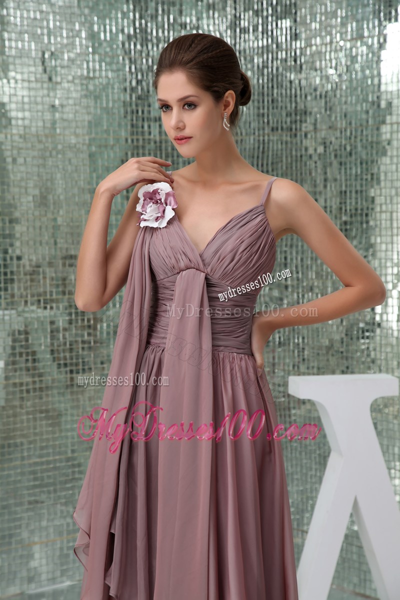 Ruched Ankle-length V-cut Mother Bride Dress with Ribbons and Flower