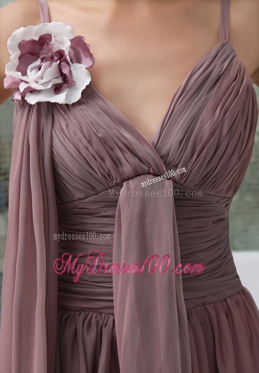 Ruched Ankle-length V-cut Mother Bride Dress with Ribbons and Flower