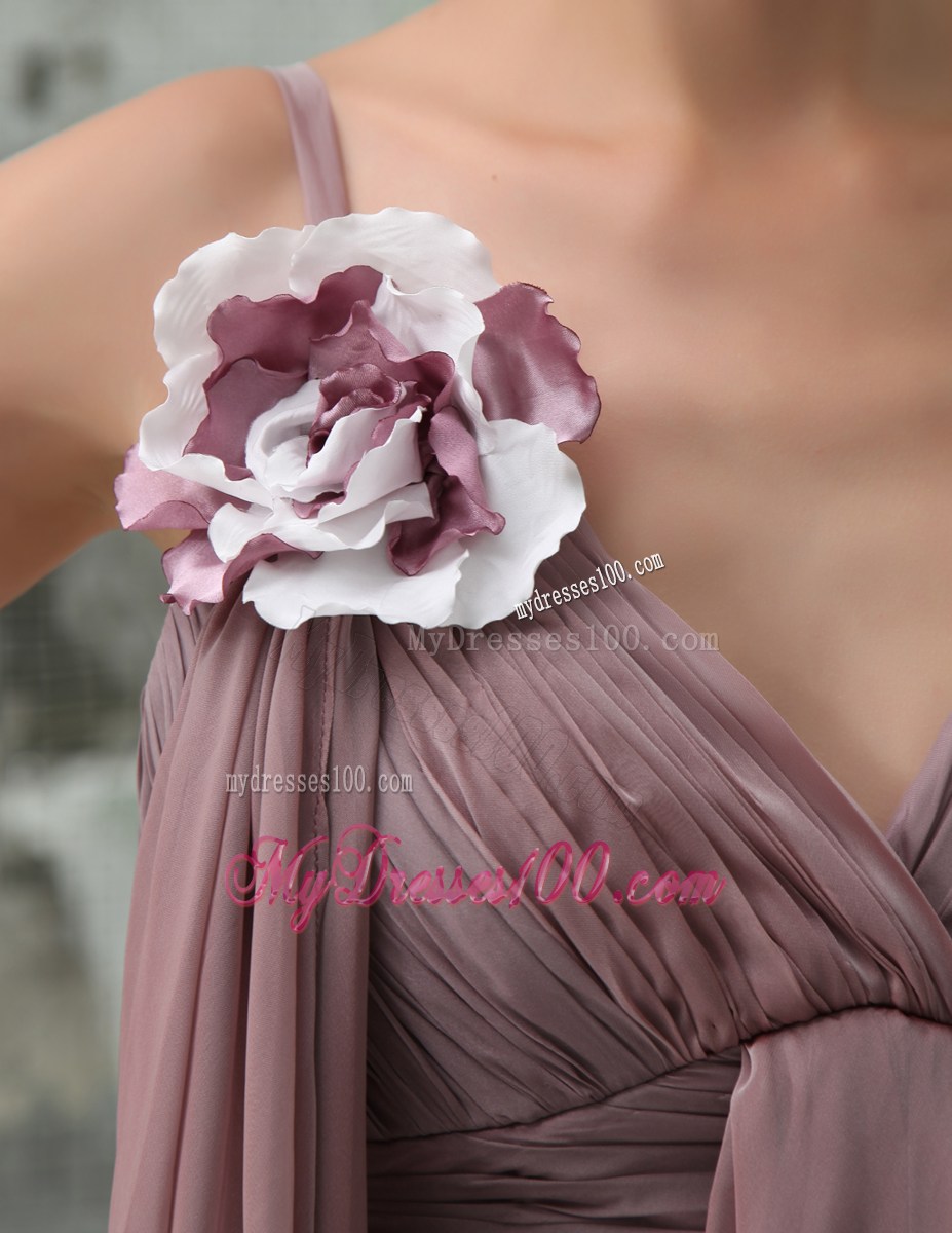 Ruched Ankle-length V-cut Mother Bride Dress with Ribbons and Flower