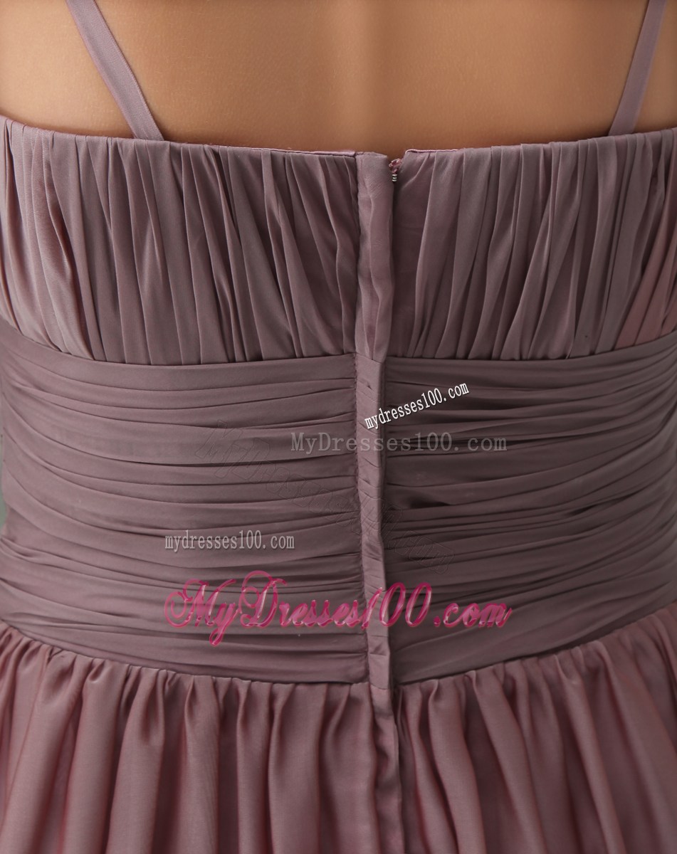 Ruched Ankle-length V-cut Mother Bride Dress with Ribbons and Flower