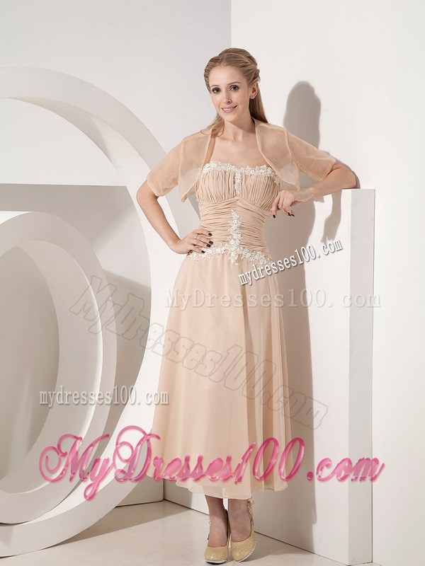 Champagne Tea-length Mothers Dresses with Ruches and Appliques