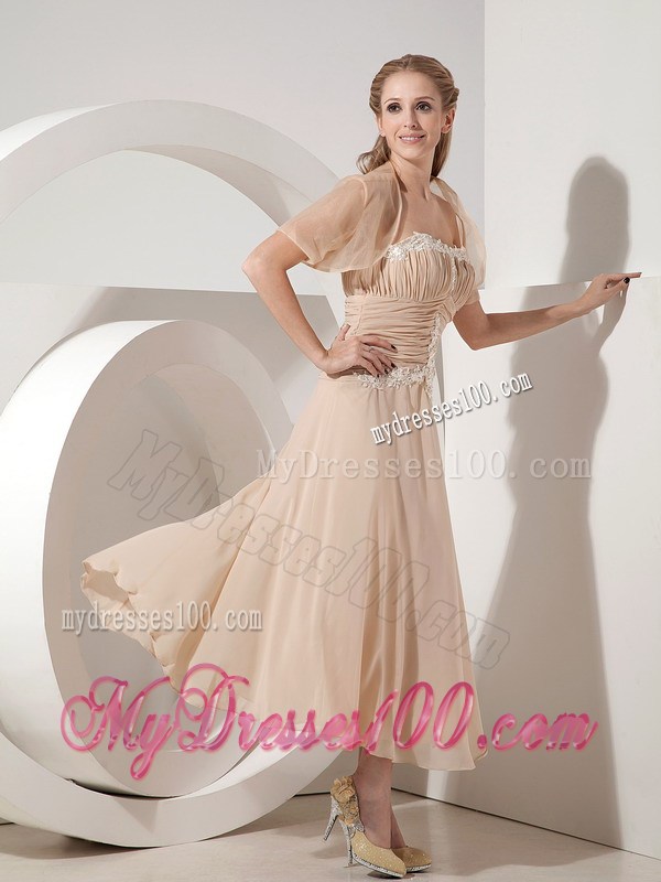 Champagne Tea-length Mothers Dresses with Ruches and Appliques