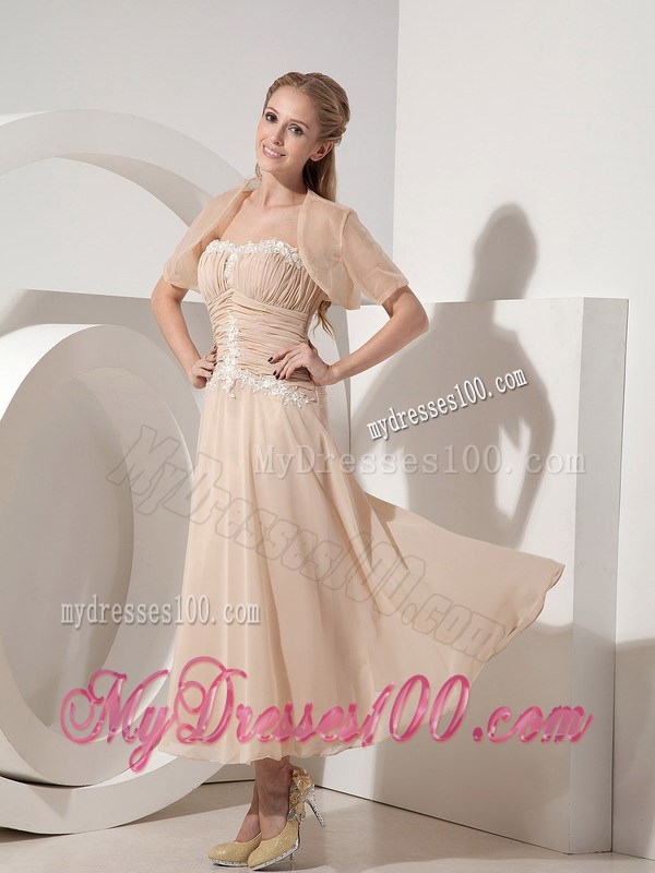Champagne Tea-length Mothers Dresses with Ruches and Appliques