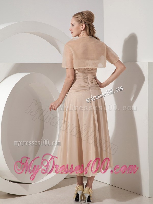 Champagne Tea-length Mothers Dresses with Ruches and Appliques