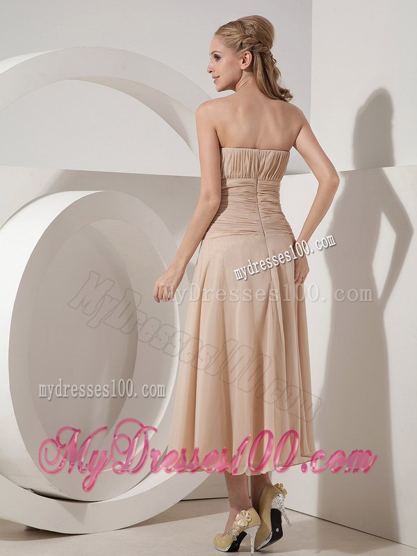 Champagne Tea-length Mothers Dresses with Ruches and Appliques
