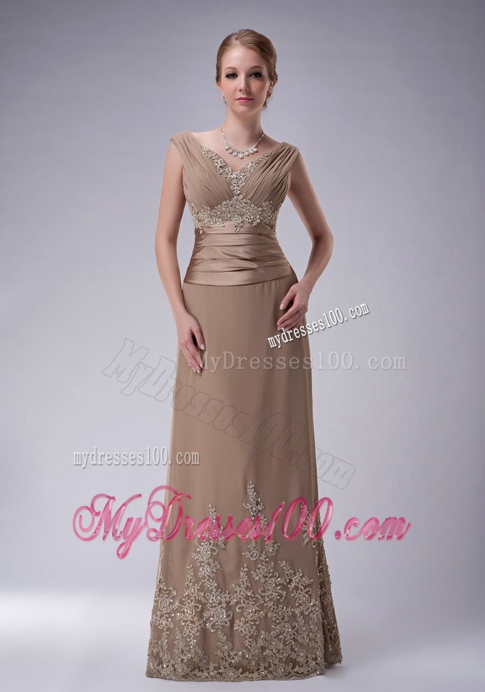 Champagne Column V-neck Floor-length Appliques Mother Bride Dress