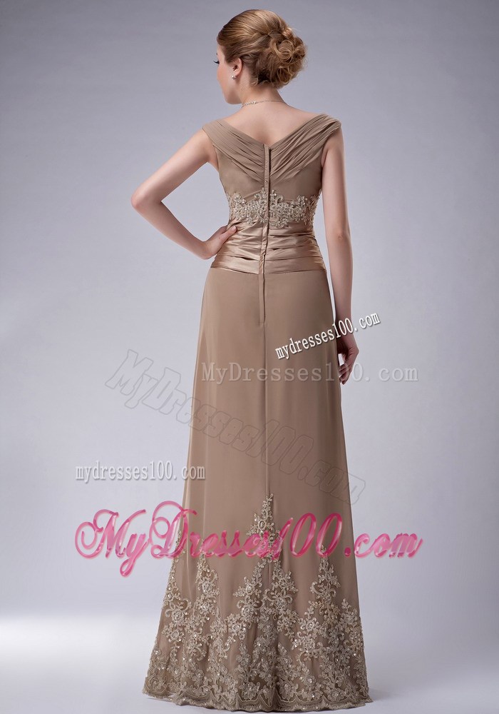 Champagne Column V-neck Floor-length Appliques Mother Bride Dress