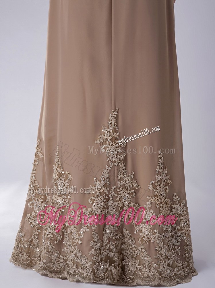 Champagne Column V-neck Floor-length Appliques Mother Bride Dress
