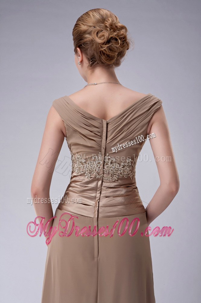 Champagne Column V-neck Floor-length Appliques Mother Bride Dress