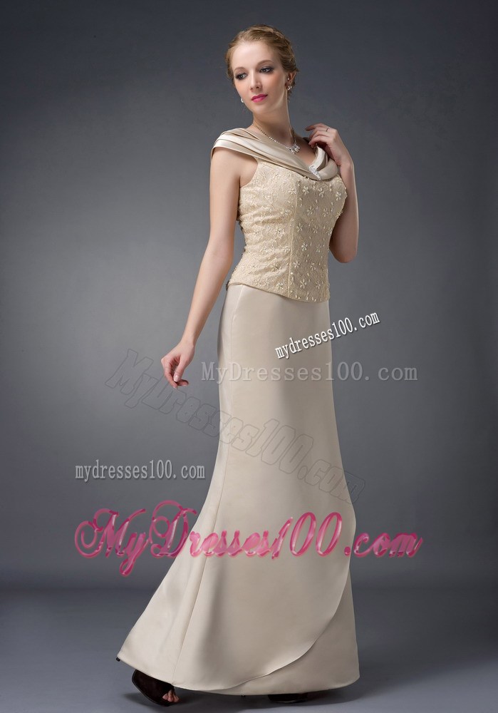 Champagne Column V-neck Lace Beading Mother of the Bride Dress