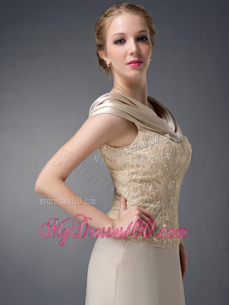 Champagne Column V-neck Lace Beading Mother of the Bride Dress