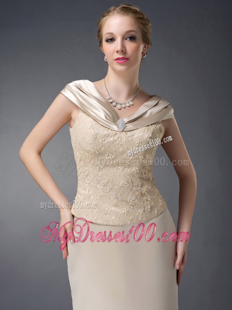 Champagne Column V-neck Lace Beading Mother of the Bride Dress