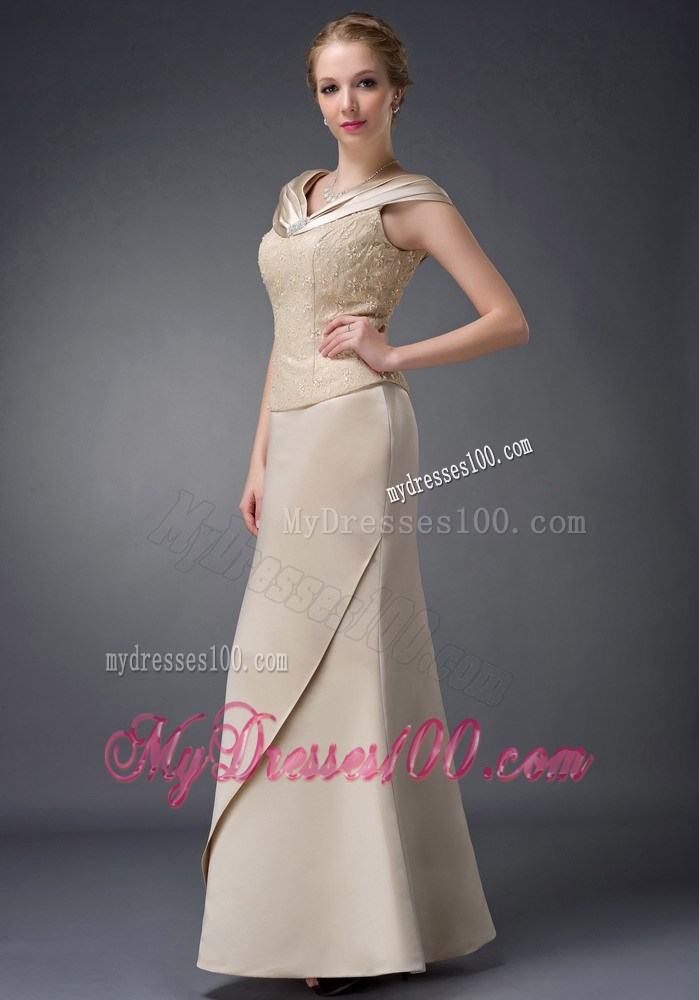 Champagne Column V-neck Lace Beading Mother of the Bride Dress