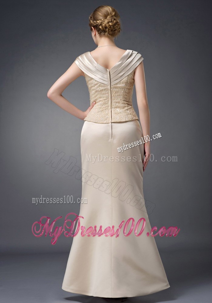 Champagne Column V-neck Lace Beading Mother of the Bride Dress