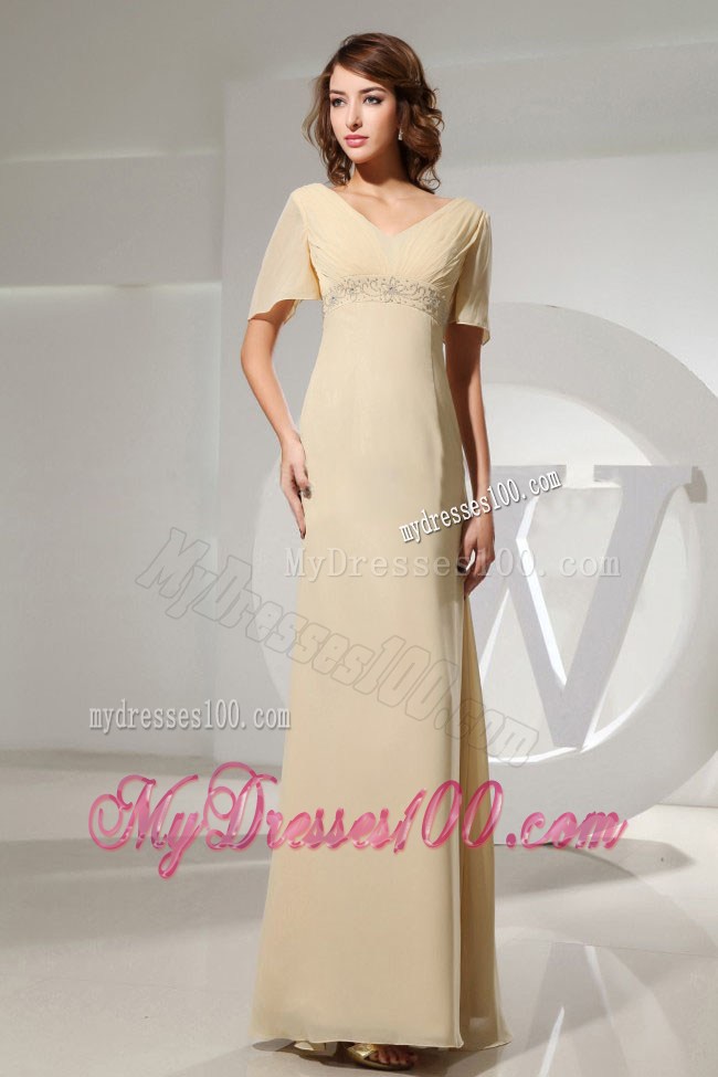 Champagne Mother Of The Bride Dress With Short Sleeves and Beading
