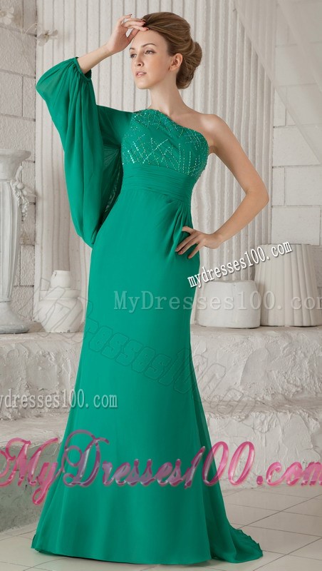 One Shoulder Batwing Sleeve Beaded Green Mother Of Bride Dress
