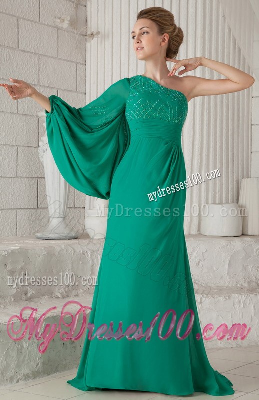 One Shoulder Batwing Sleeve Beaded Green Mother Of Bride Dress