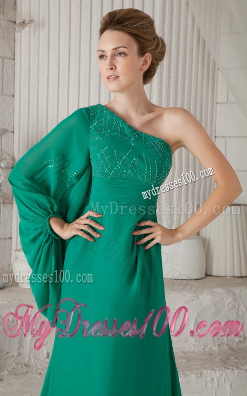 One Shoulder Batwing Sleeve Beaded Green Mother Of Bride Dress
