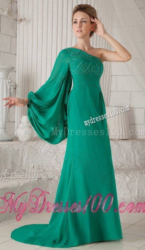 One Shoulder Batwing Sleeve Beaded Green Mother Of Bride Dress