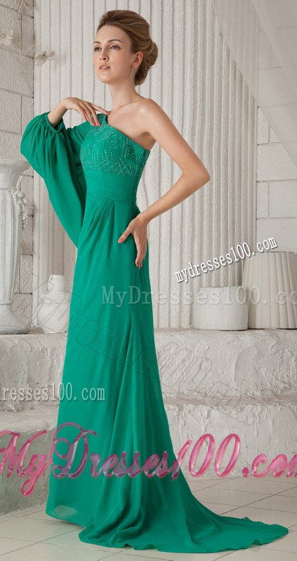 One Shoulder Batwing Sleeve Beaded Green Mother Of Bride Dress